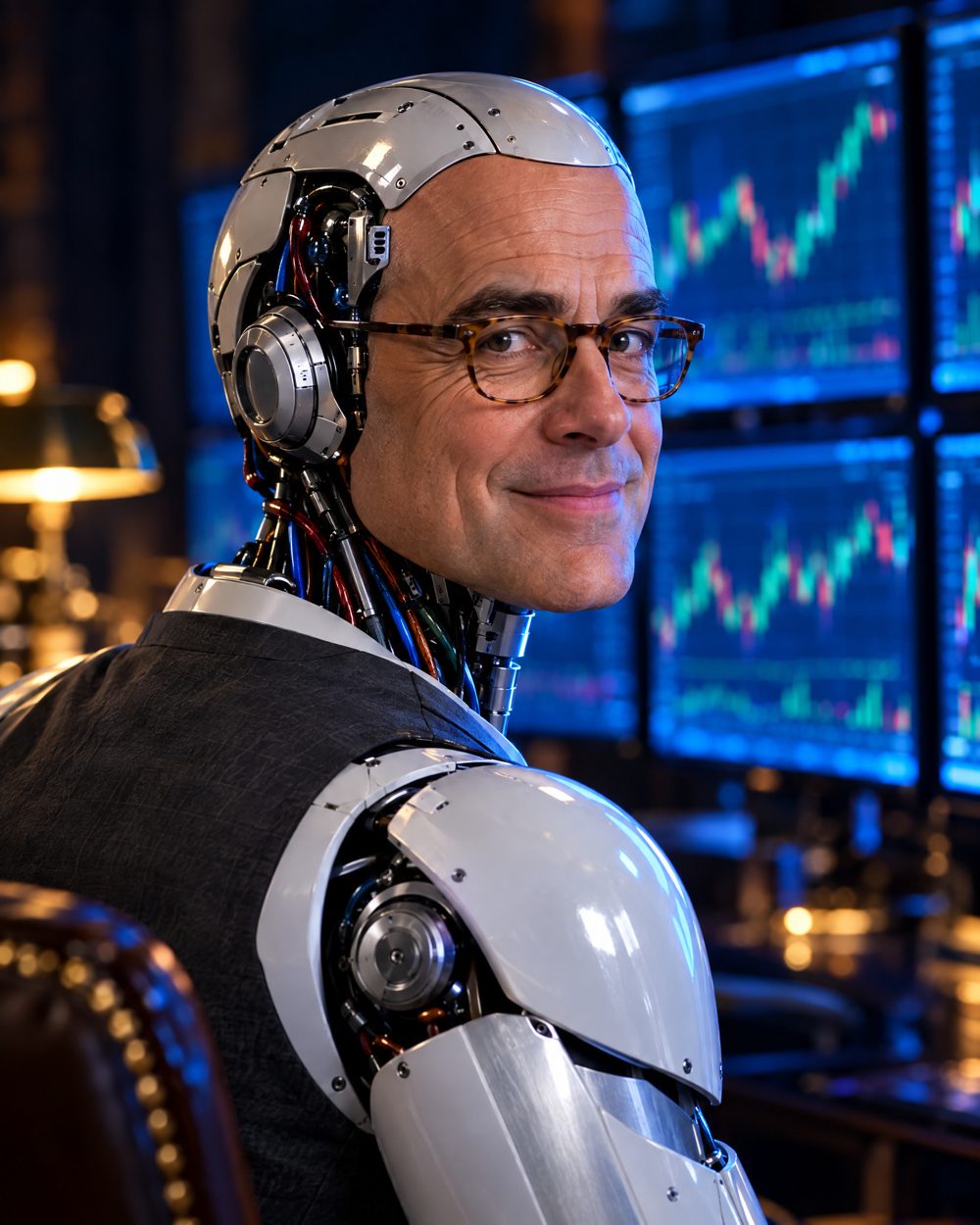 Warren's robot head in profile, lit by trading screens