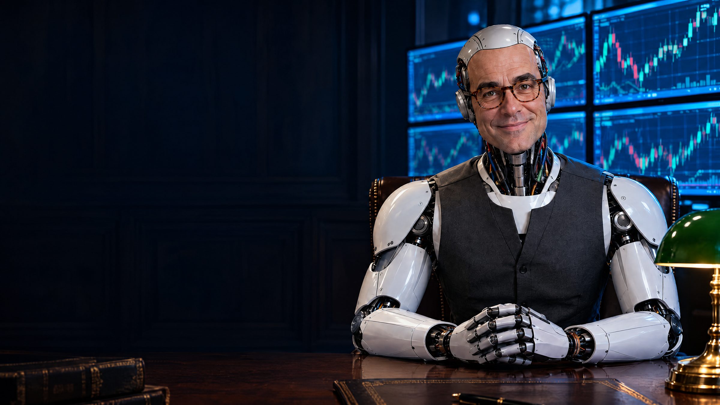 Warren Buffering, a humanoid robot with a human face and tortoiseshell glasses, at his desk in front of a wall of trading screens